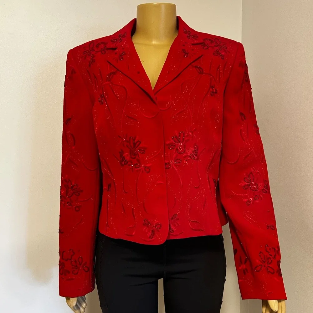 John Meyer of Norwich Red Embroidered Beaded Blazer Jacket Womens 14 NWT 792037A